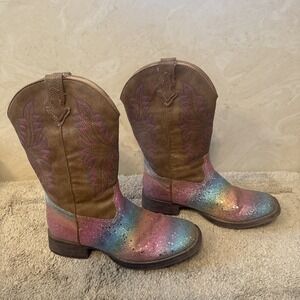 Roper Girls Size 3 Glitter Rainbow Stars Brown Pink Western Cowboy Boots